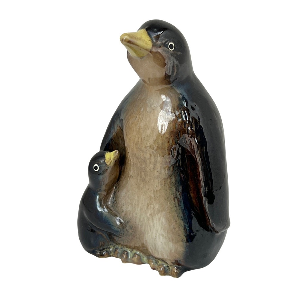 Vintage Drip Glaze Penguin Figurine Mid Century Modern Blue Brown Mother Baby